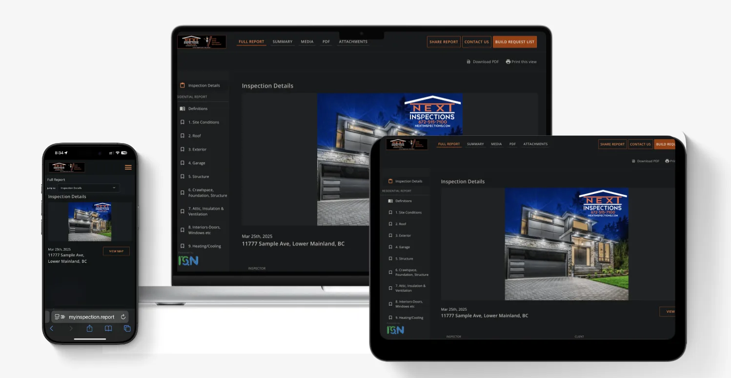 Next Inspections sample report shown on laptop, tablet, and mobile-friendly