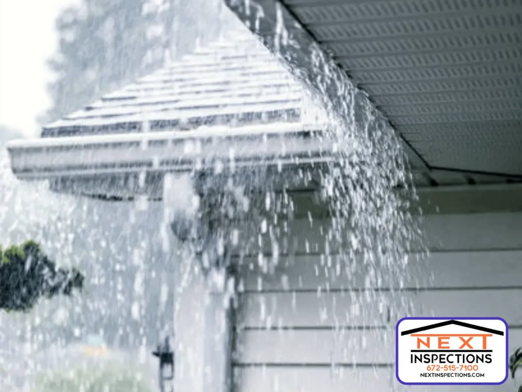 The eaves troughs on the house are overflowing during an atmospheric river event
